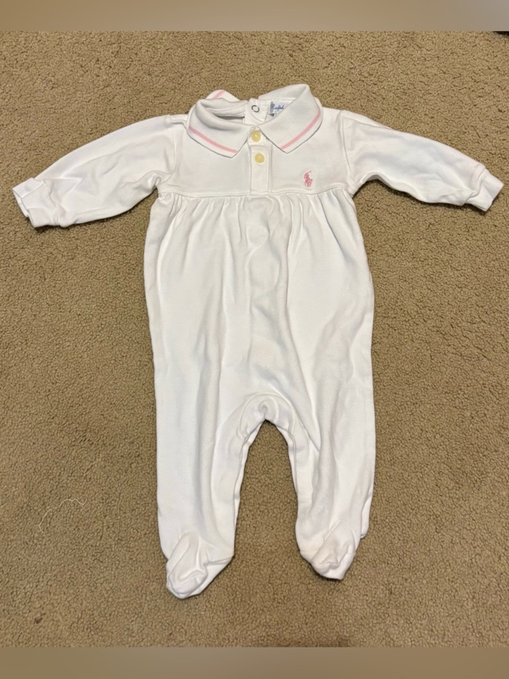 Ralph Lauren White & Pink Trim Baby One-Piece Romper- 3-6 months